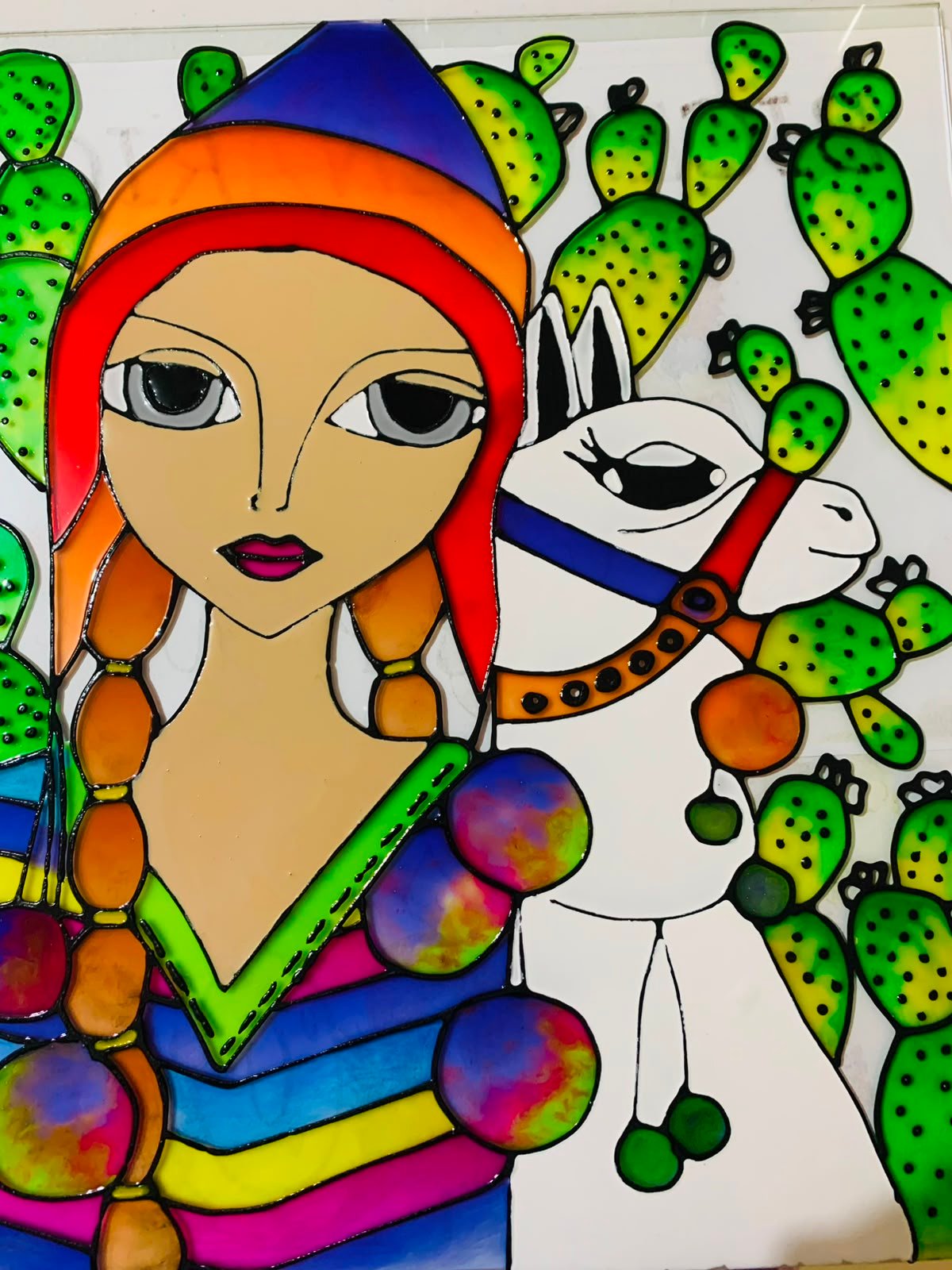 Vitral de mujer andina con llama